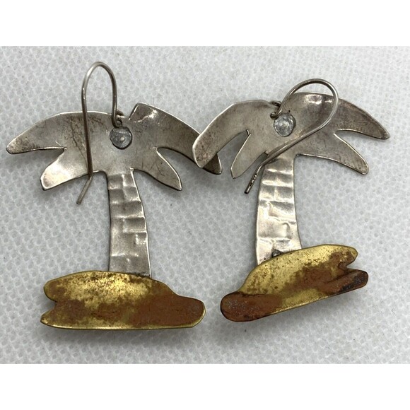Vintage Palm Trees Sterling Silver 925 & Brass Matching Earring Brooch Set 9g - Picture 9 of 10